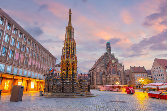 Stunning evening view of  the Gothic Frauenkirche church at the main market square in Nuremberg