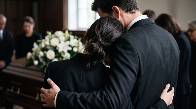 Grieving couple embraces at funeral service with casket and flowers.
