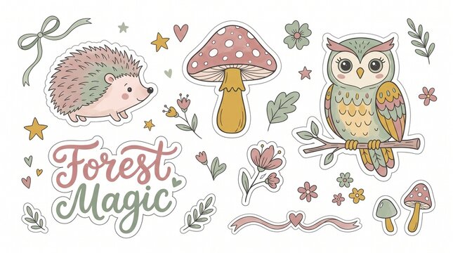 Cute Funny Cartoon Animals Vector Set with Hearts, Flowers, Owls, Birds and Cats for Birthday Greeting Cards, Baby Designs, Holiday Decorations and Seamless Patterns