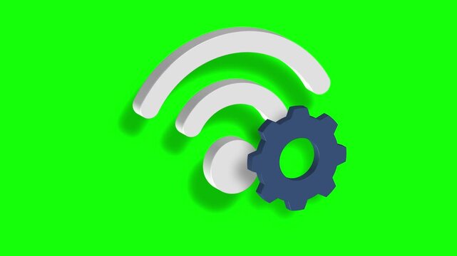 Digital Wi-Fi symbol with gear, rotating on green chroma key