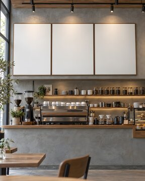 Modern Industrial Cafe Interior with Three Blank White Menu Boards Espresso Machine Coffee Grinders Pour Over Drippers and Display Case