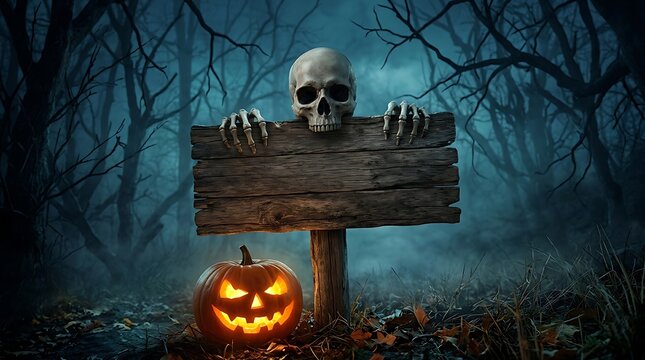 Creepy human skull with skeletal hands holding dark wooden signpost near glowing jack-o-lantern in forest