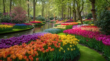 Fototapeta premium Multicolored spring flowers blooming in keukenhof garden, netherlands