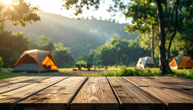 Wooden picnic table with blurred camping background at sunrise
