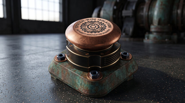3D render of a vintage industrial emergency button with system-wide isolation text on a rusted metal base.