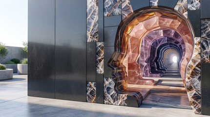 Fototapeta premium Abstract 3D architectural interior with an infinite human head profile tunnel, concept of psychology consciousness, Surreal modern art installation featuring repeating face silhouettes leading.