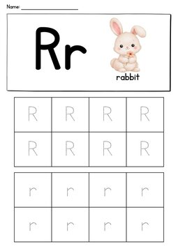 Educational worksheet for children to practice writing and tracing uppercase and lowercase letter R. Printable handwriting practice activity page designed for preschool, kindergarten, and early elemen