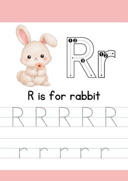 Educational worksheet for children to practice writing and tracing uppercase and lowercase letter R. Printable handwriting practice activity page designed for preschool, kindergarten, and early elemen
