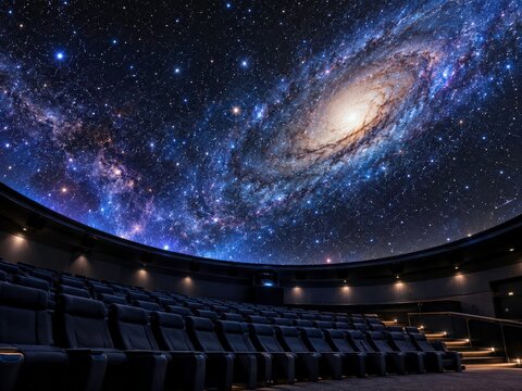 Planetarium dome with star field projection above empty reclining seats in a wide upward view