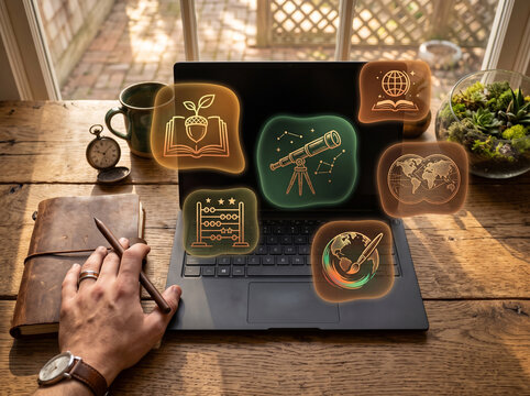 E-learning and online education concept showing a person using a laptop with floating glowing multidisciplinary school subject icons.