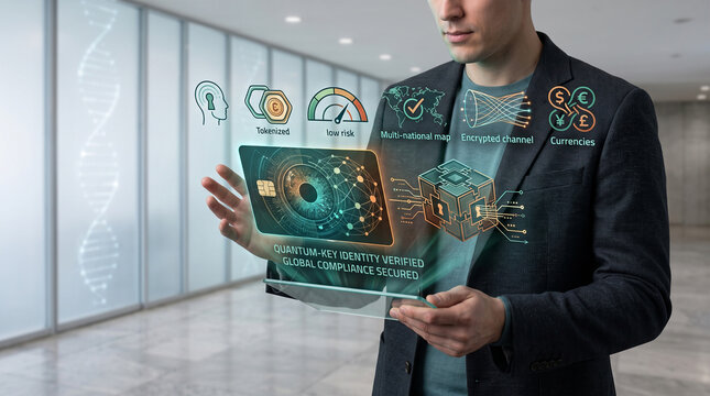 Businessman using a futuristic transparent tablet with holographic UI for quantum-key identity verification, global finance compliance, and cybersecurity.
