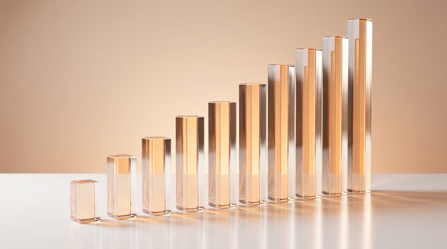 Abstract 3D render of ascending transparent crystal pillars on a reflective surface against a dark green background, business growth concept.