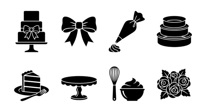 Baking Icons Set: Cake, Bow, Piping Bag, Whisk, Flowers, Dessert Elements