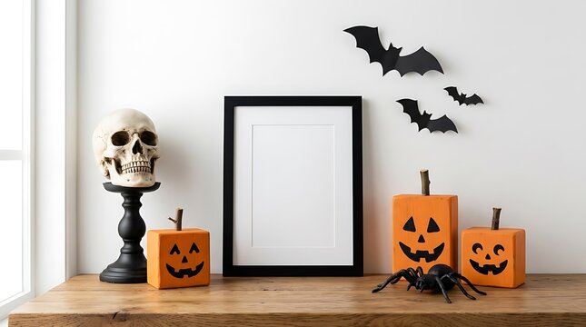 Blank picture frame sitting on wooden desk surrounded by decorative halloween pumpkins skull and paper bats