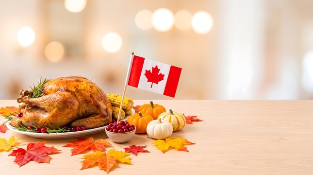 Canadian Thanksgiving Roast Turkey Platter with Canada Flag and Autumn Leaves on Wooden Table