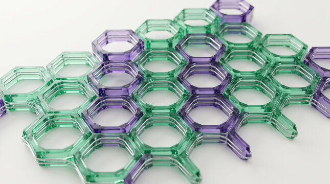 Abstract 3D geometric network of green and purple glass hexagons, molecular structure concept on a white background.