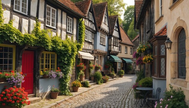Narrow cobblestone street lined with traditional timber-framed houses in a historic European village