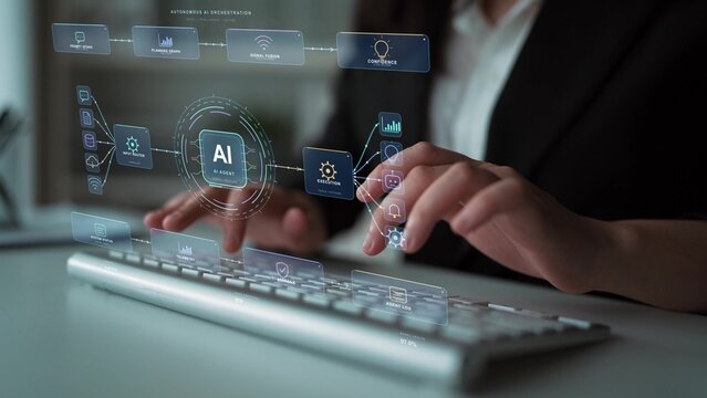 A person types on a keyboard. An agentic network links input routing with contextual reasoning, illustrating how an AI agent organizes information before producing a response