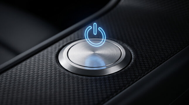 Futuristic metallic power button with a glowing blue neon icon on a dark carbon fiber texture background.