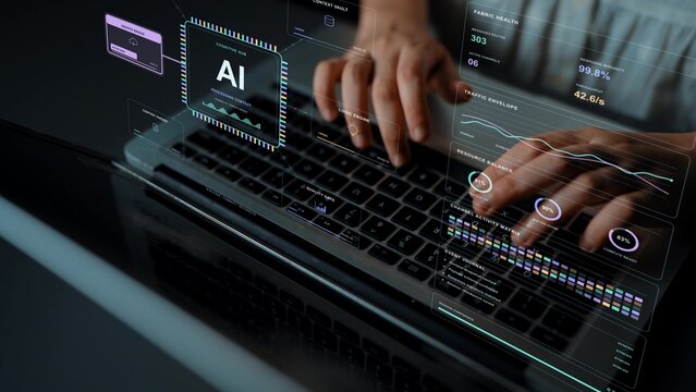 Hands type on a laptop. An AI cognitive system brings memory, information retrieval and external services together, with checkpoints supporting the coordination of contextual work