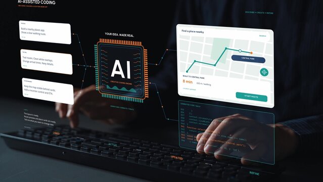 AI specialist works at a keyboard. Natural language instructions guide the creation of a route planning app, connecting conversational AI with software logic and a preview of the user experience