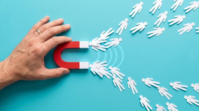 Conceptual business recruitment and customer attraction scene, top-down view of a human hand holding a red and white horseshoe magnet, attracting multiple small white paper-cut human figures