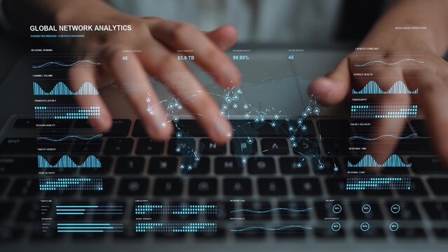 Typing continues. An international data network combines regional connections with live traffic analysis, supporting visibility into routing, latency and the delivery of information