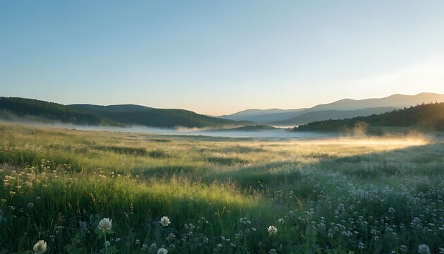 Early morning mist over a grassy meadow with rolling hills and soft sunlight