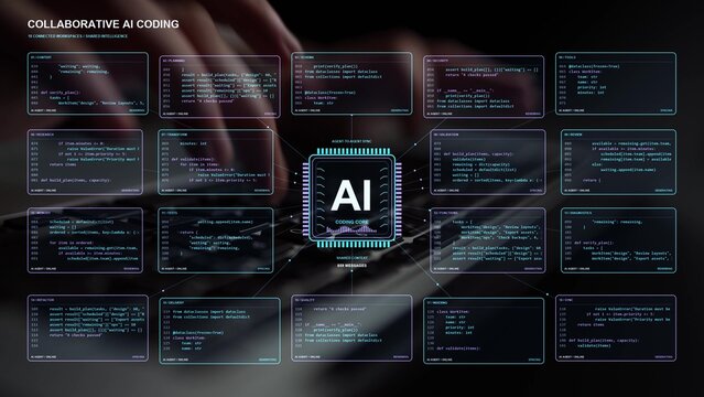 Distributed AI coding work relies on context exchange and agent coordination, bringing technical decisions and review tasks together around a central coding process