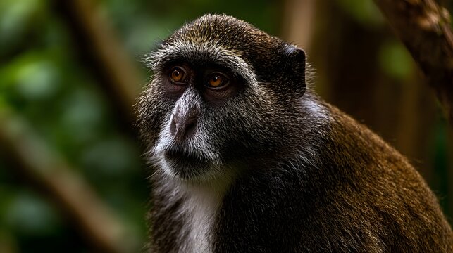 A close up of a monkey with brown fur and expressive eyes  sitting in a lush green forest environment