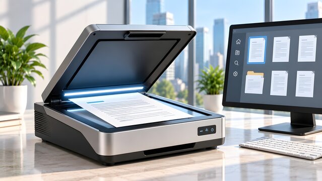 3D render of modern flatbed scanner digitizing paper document next to computer monitor for office administration and data entry concept
