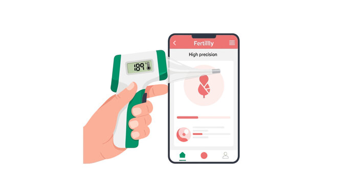 Fertility Tracking App Illustration with Hand Holding Digital Thermometer for Ovulation and Basal Body Temperature Monitoring