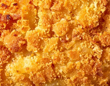 Close-up of golden crispy breadcrumb coating on baked food surface