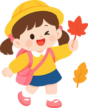 Cute Girl Holding a Red Maple Leaf in Autumn