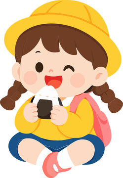 Cute Girl Eating Rice Ball on a Field Trip