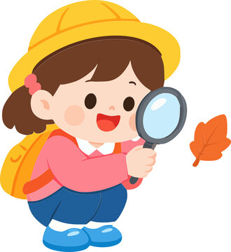 Cute Girl Exploring Autumn Nature with a Magnifying Glass