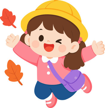 Cute Happy Girl Running Through Autumn Leaves