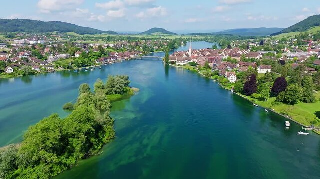 Aerial view of the Werd archipelago in the westernmost part of Lake Constance, Lake Rhine, between Eschenz and Stein am Rhein, Canton Thurgau, Switzerland