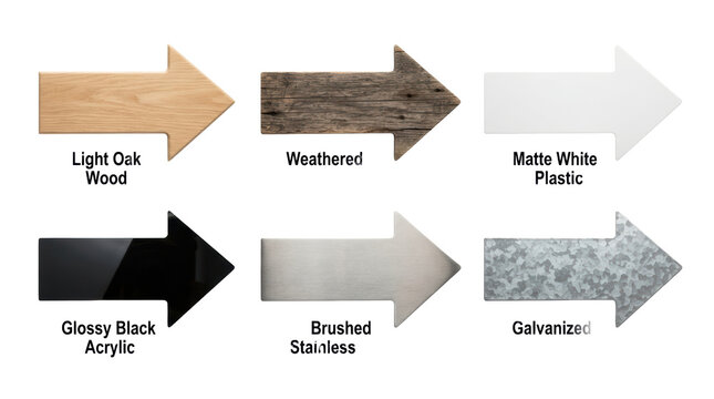 Six assorted arrow signs in wood, plastic, acrylic, steel, and metal textures on white background