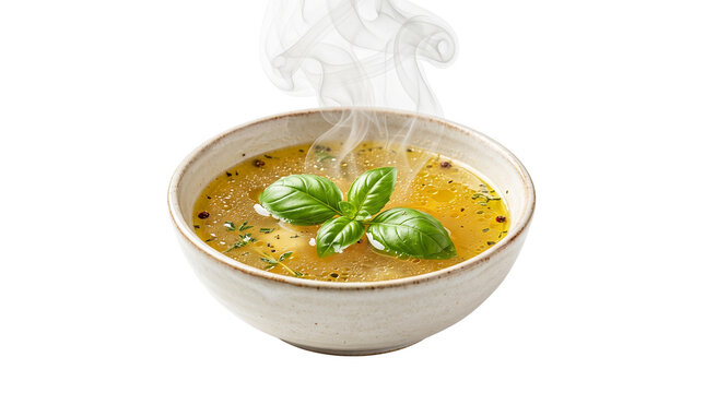Steaming hot chicken broth in ceramic bowl, clear vegetable soup with fresh basil leaf, golden bouillon with steam isolated on white background