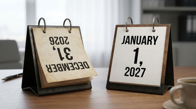 Two flip calendars showing december 31 2026 and january 1 2027