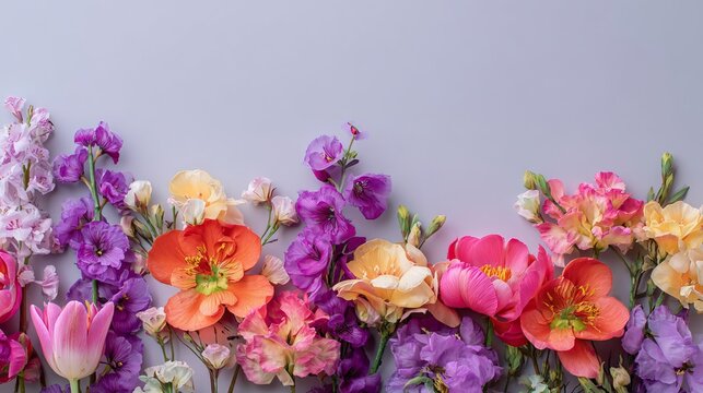Fresh colorful spring flowers on pastel background with copy space
