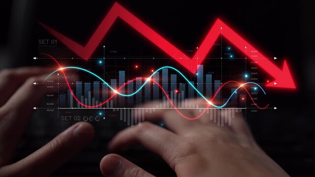 Economic caution visualized with fluctuating market graph, alert symbols, and negative data trends. Represents financial risk, market volatility, and economic uncertainty. Muxer