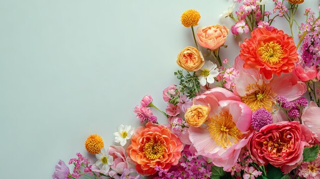 Fresh colorful spring flowers on pastel background with copy space
