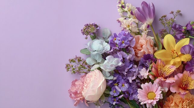 Fresh colorful spring flowers on pastel background with copy space
