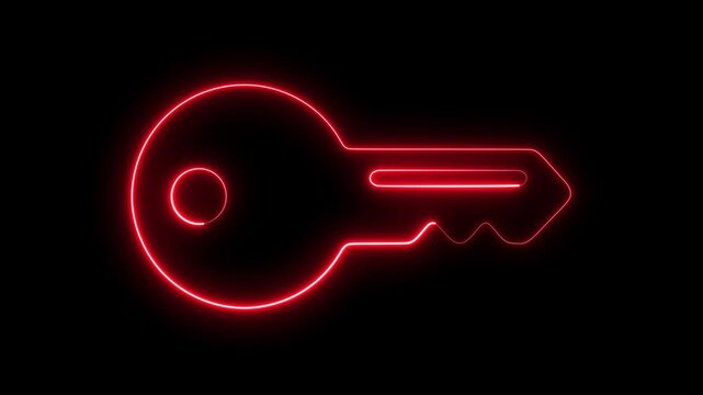 Glowing red neon key animation on black background, digital security and access concept