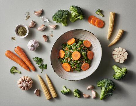 Freshly prepared Capcay, a vibrant vegetable stir-fry featuring broccoli, carrots, and baby corn, beautifully presented in a studio flatlay