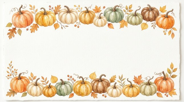 A charming thanksgiving border featuring an array of miniature pumpkins autumnal leaves and a warm inviting color palette perfect for festive designs