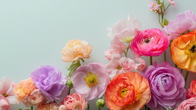 Fresh colorful spring flowers on pastel background with copy space
