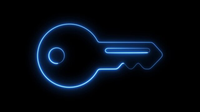 Glowing blue neon key animation, digital security and access concept, minimalist cyber security symbol